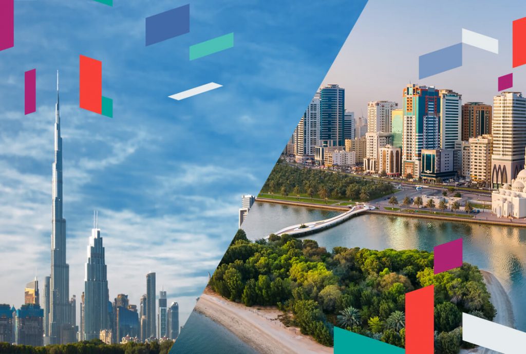 Split image of Dubai skyline and Sharjah cityscape with colorful geometric shapes.