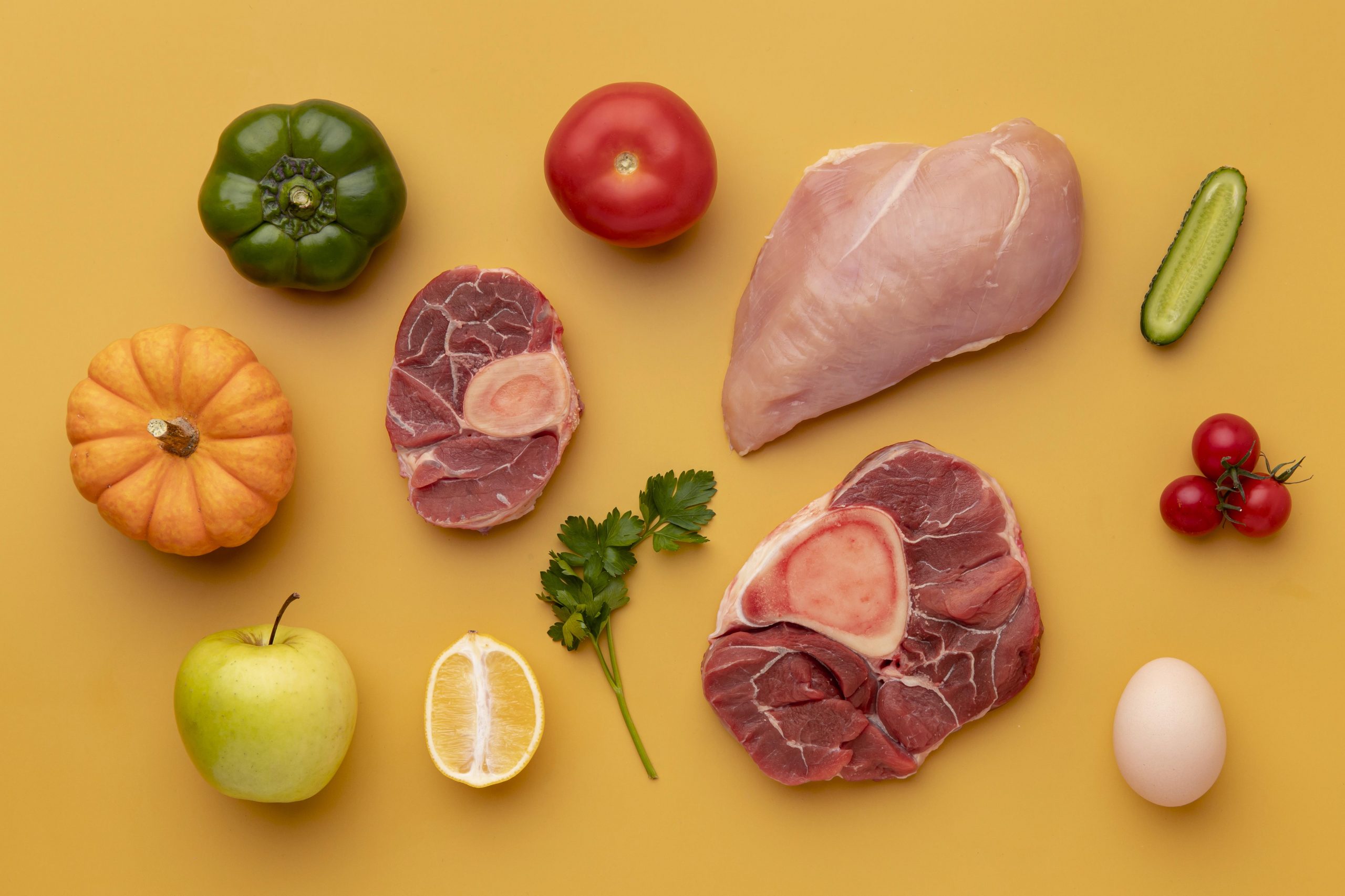 Assorted vegetables, fruits, and meat arranged on a yellow background.