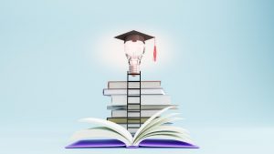 Bulb with graduation cap atop books symbolizing business knowledge in UAE.