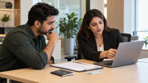 A new employee reviewing something on a laptop with a colleague at her desk