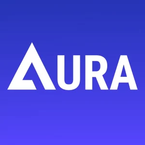 Bold white text 'AURA' with stylized 'A' on blue background.