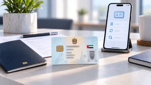 A generic smart identity card beside a phone showing a digital ID and a closed passport