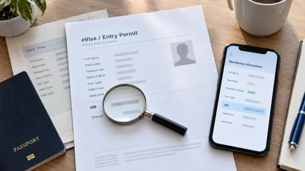 Illustration of a visa, entry permit, eVisa and ID card linked by a single blue line to a fingerprint emblem