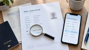 Illustration of a visa, entry permit, eVisa and ID card linked by a single blue line to a fingerprint emblem