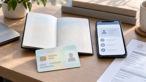 An open passport with blank visa pages beside a national identity card on a desk