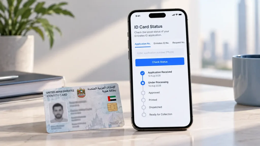 A phone showing a progress-style status screen beside a plain identity card and a passport
