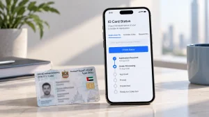A phone showing a progress-style status screen beside a plain identity card and a passport