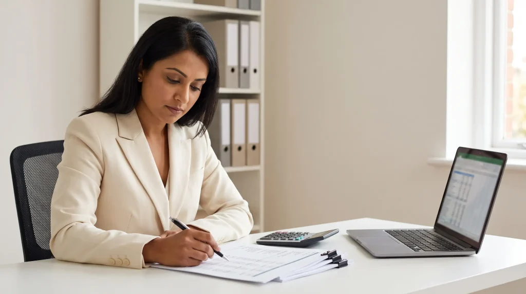 An accountant reviewing a printed financial statement with a pen and calculator at her desk